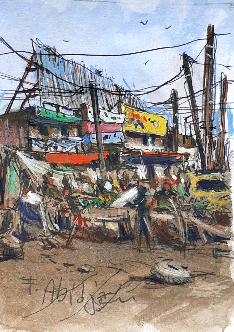 Gouache d'une rue animée d'Abidjan, poteaux et fils électriques