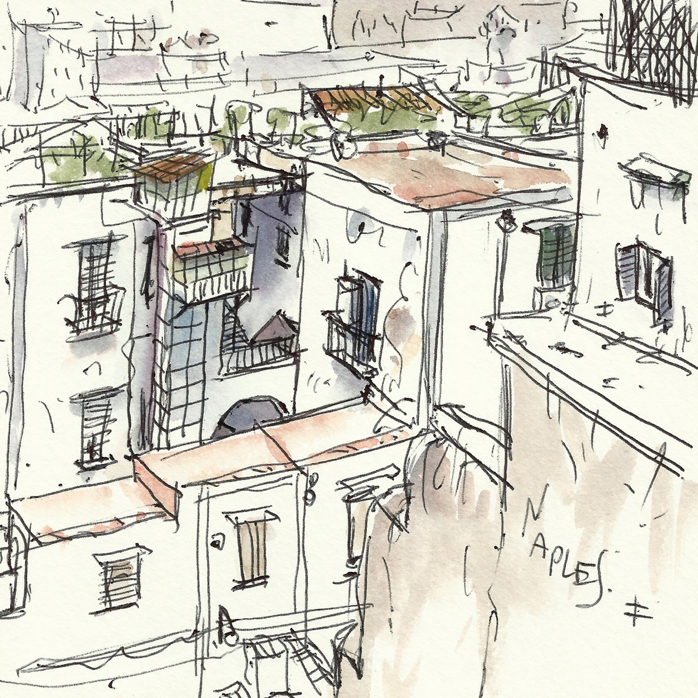 Toits et façades de Naples à l'encre et à l'aquarelle