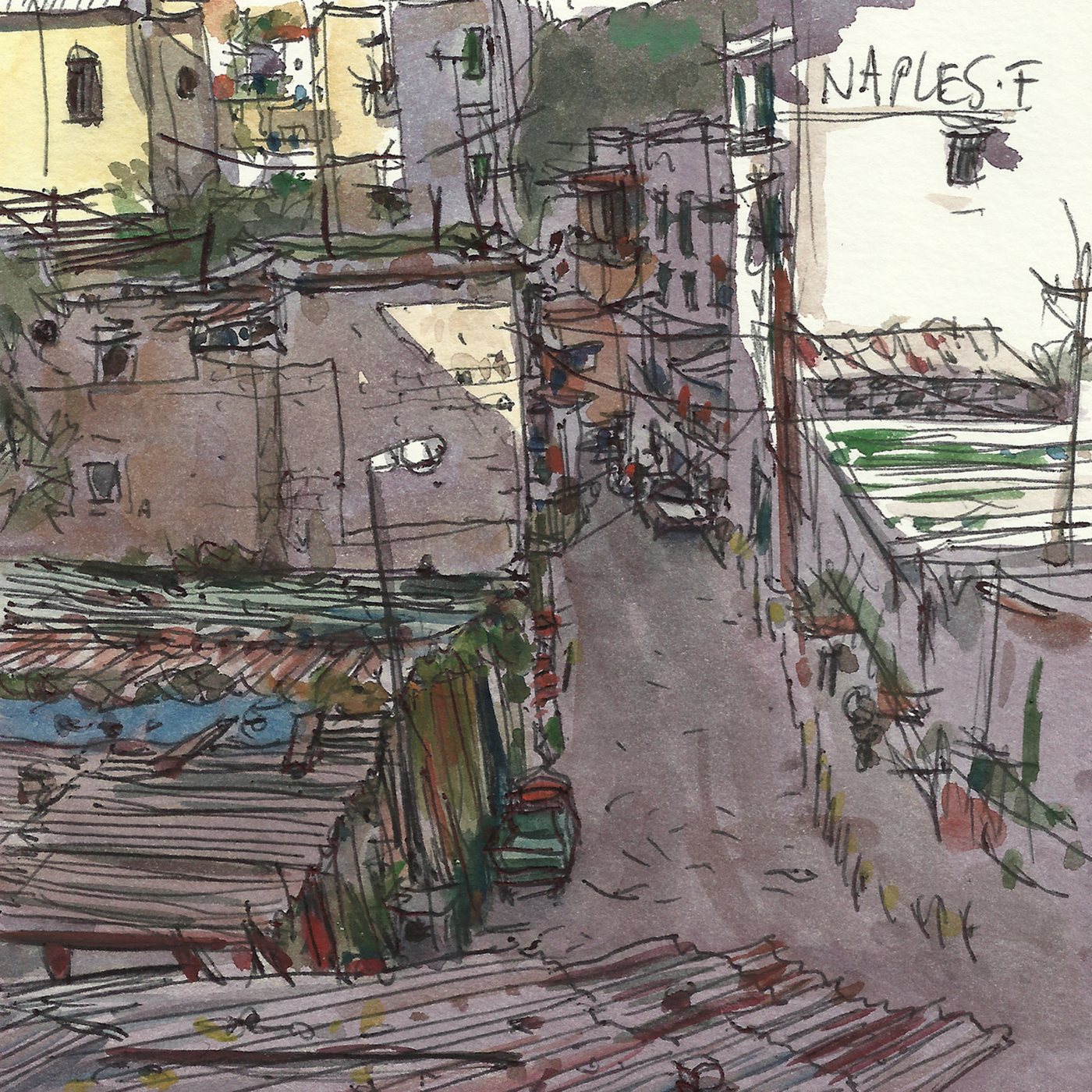 Ruelle et toits en tôle, encre et aquarelle