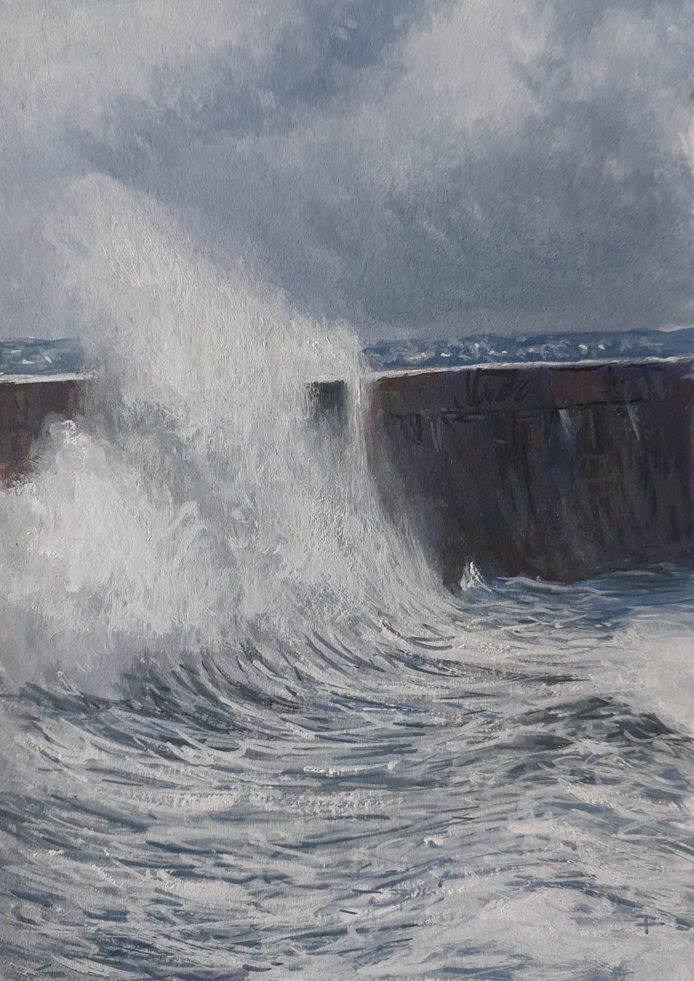 Gouache d'une vague se brisant sur une jetée
