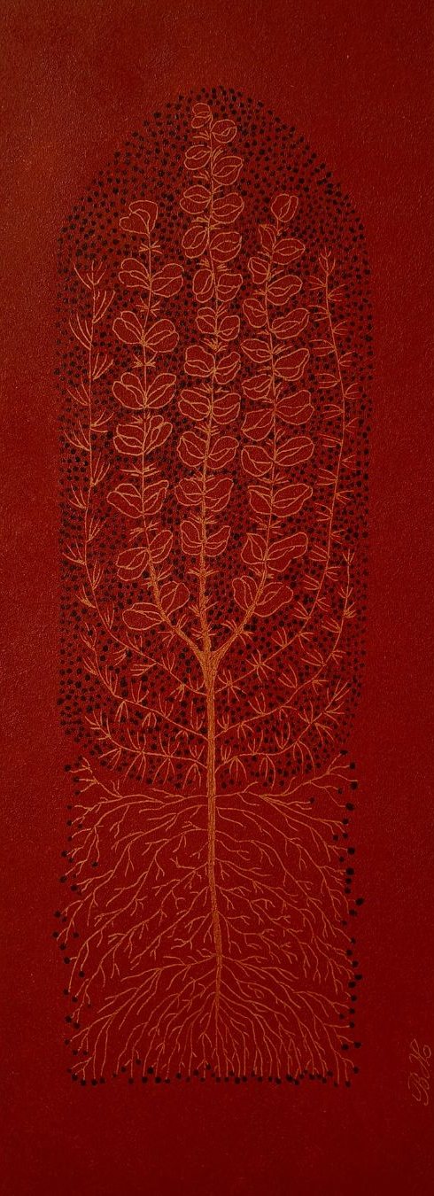 Arbre aux racines, motif doré sur fond rouge